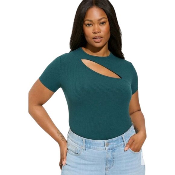 5X 28W Torrid Teal Rib Crew Neck Asymmetrical Cut Out Tee Super Soft Fitted NWT - Picture 1 of 7